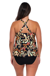 Back pose #1 of Nicky wearing Sunsets Escape Retro Retreat Sadie Tankini Top showing crossback straps with matching Hannah High Waist bikini bottom