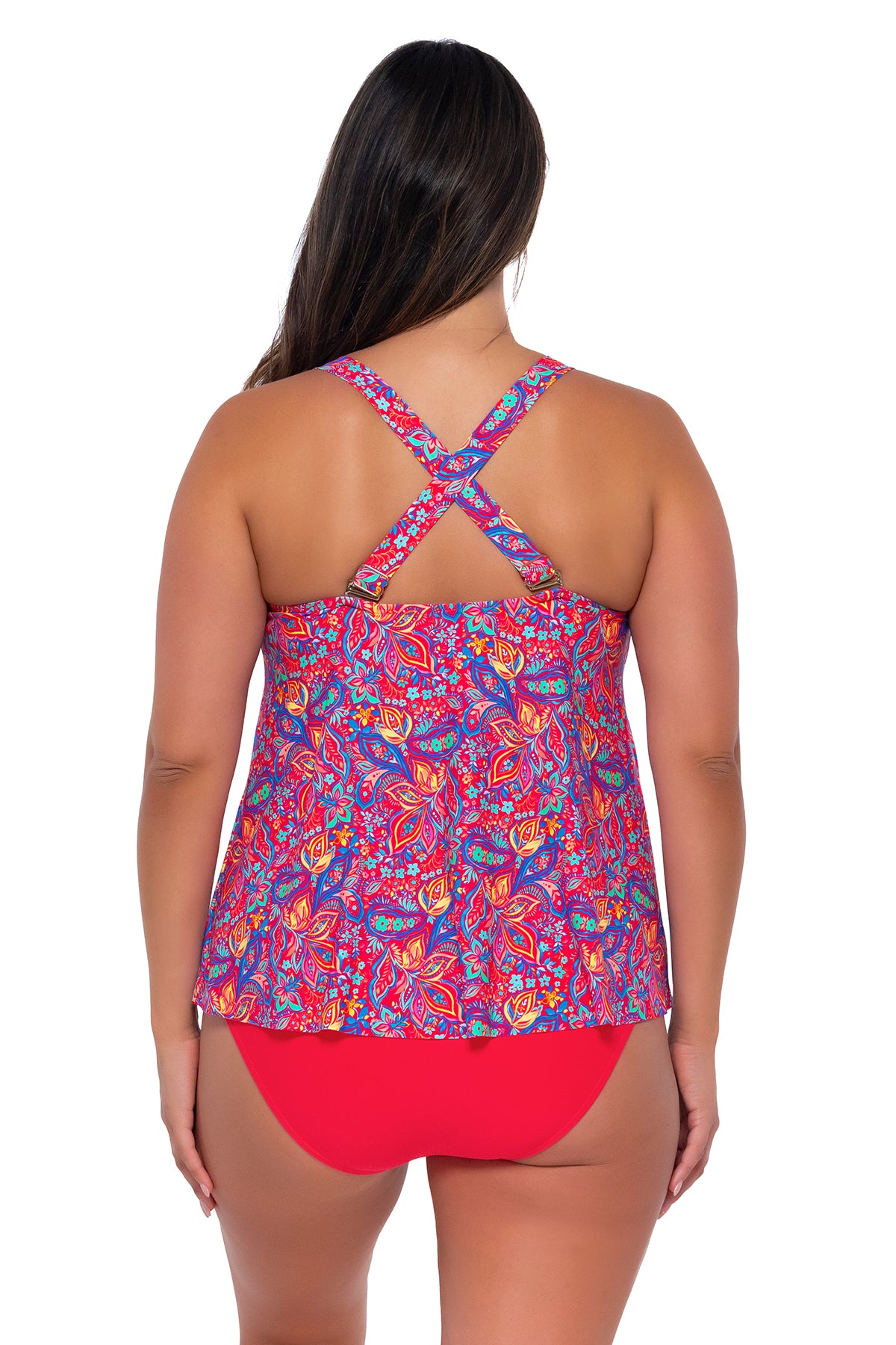 Back pose #1 of Nicky wearing Sunsets Escape Rue Paisley Sadie Tankini Top showing crossback straps with matching Hannah High Waist bikini bottom