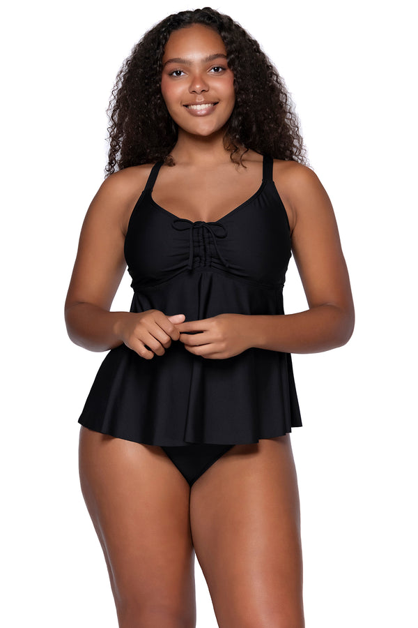 Front view of Sunsets Escape Black Marin Tankini Top with matching Hannah High Waist bikini bottom