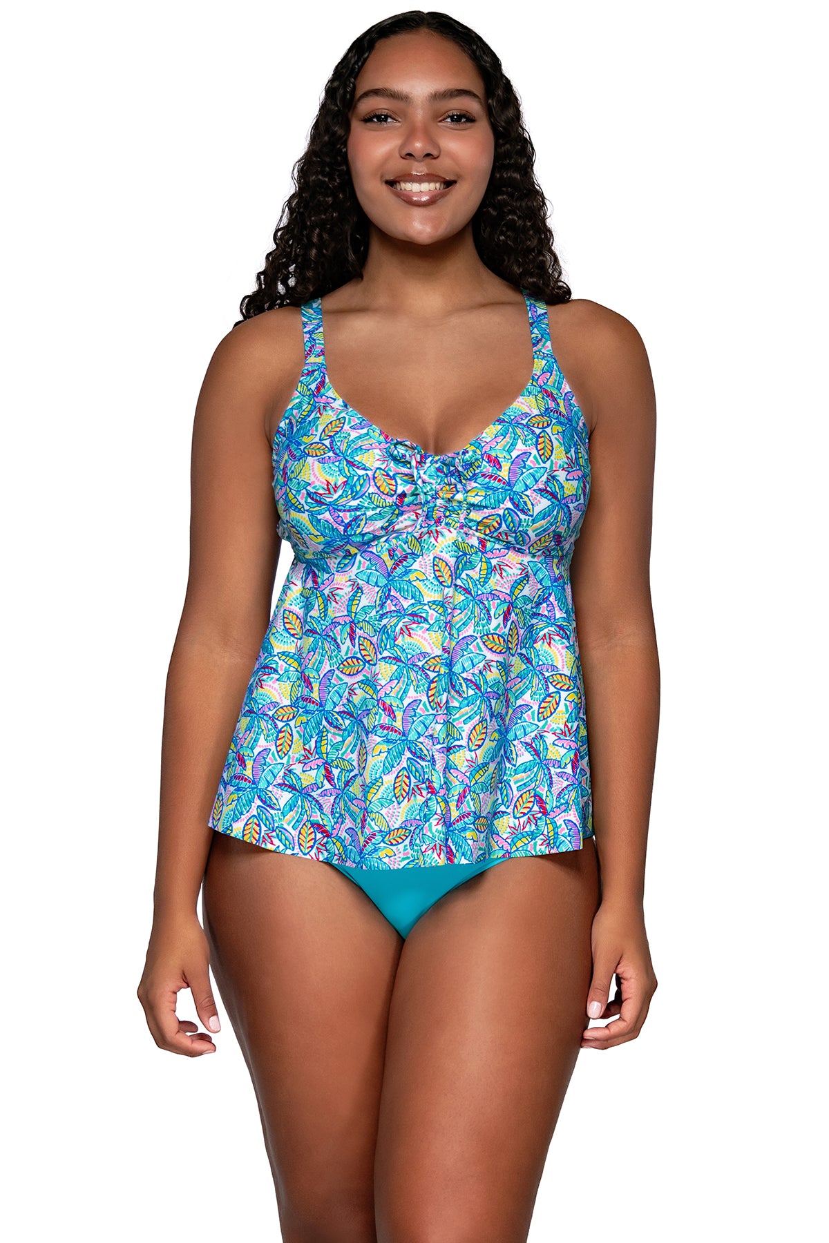 Front view of Sunsets Escape Rainbow Falls Marin Tankini Top