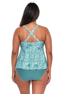 Back pose #1 of Nicky wearing Sunsets Escape By the Sea Marin Tankini Top showing crossback straps with matching Hannah High Waist bikini bottom