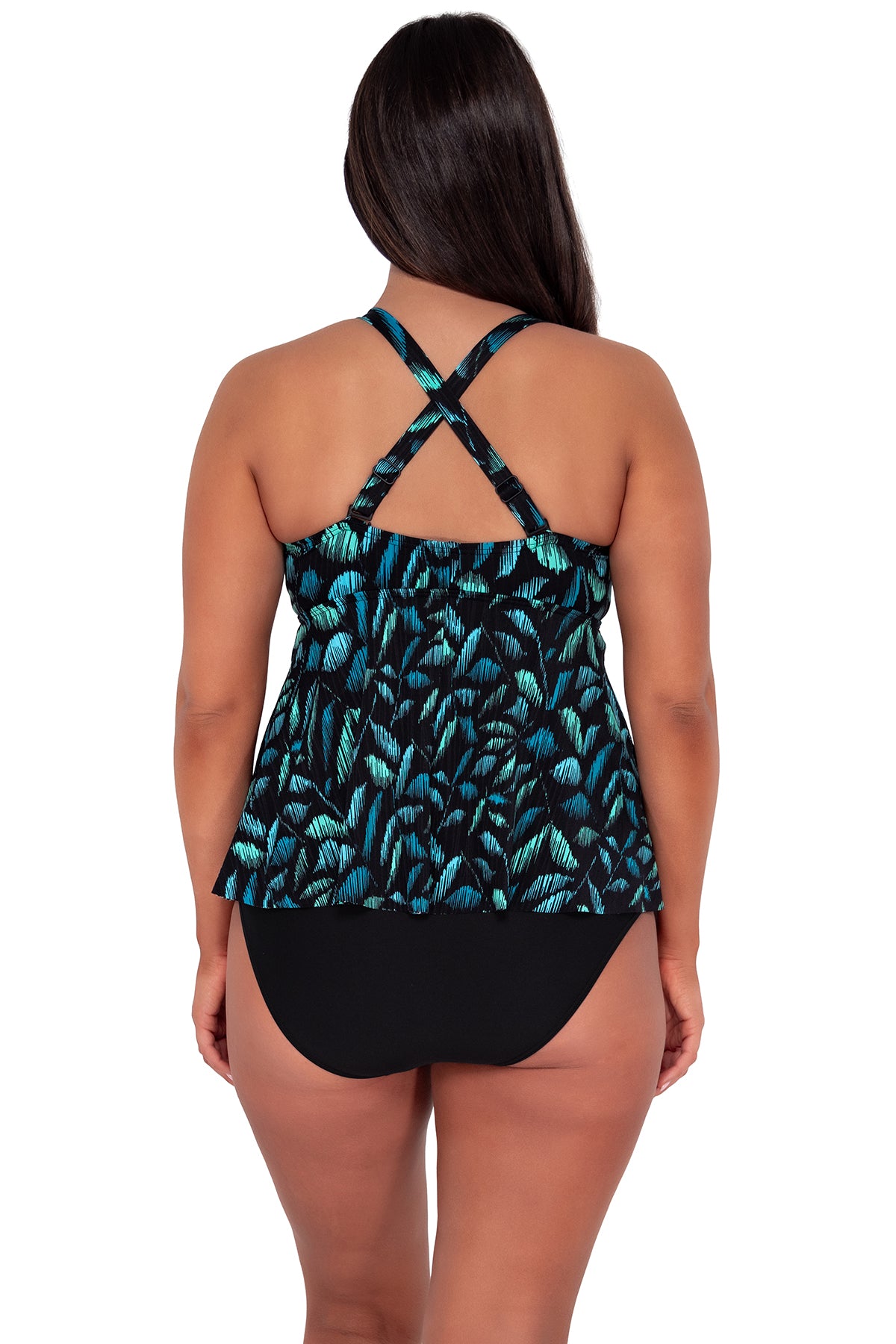 Back pose #1 of Nicki wearing Sunsets Escape Cascade Seagrass Texture Marin Tankini Top showing crossback straps