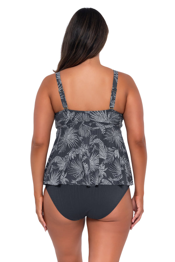 Back pose #1 of Nicky wearing Sunsets Escape Fanfare Seagrass Texture Marin Tankini Top with matching Hannah High Waist bikini bottom