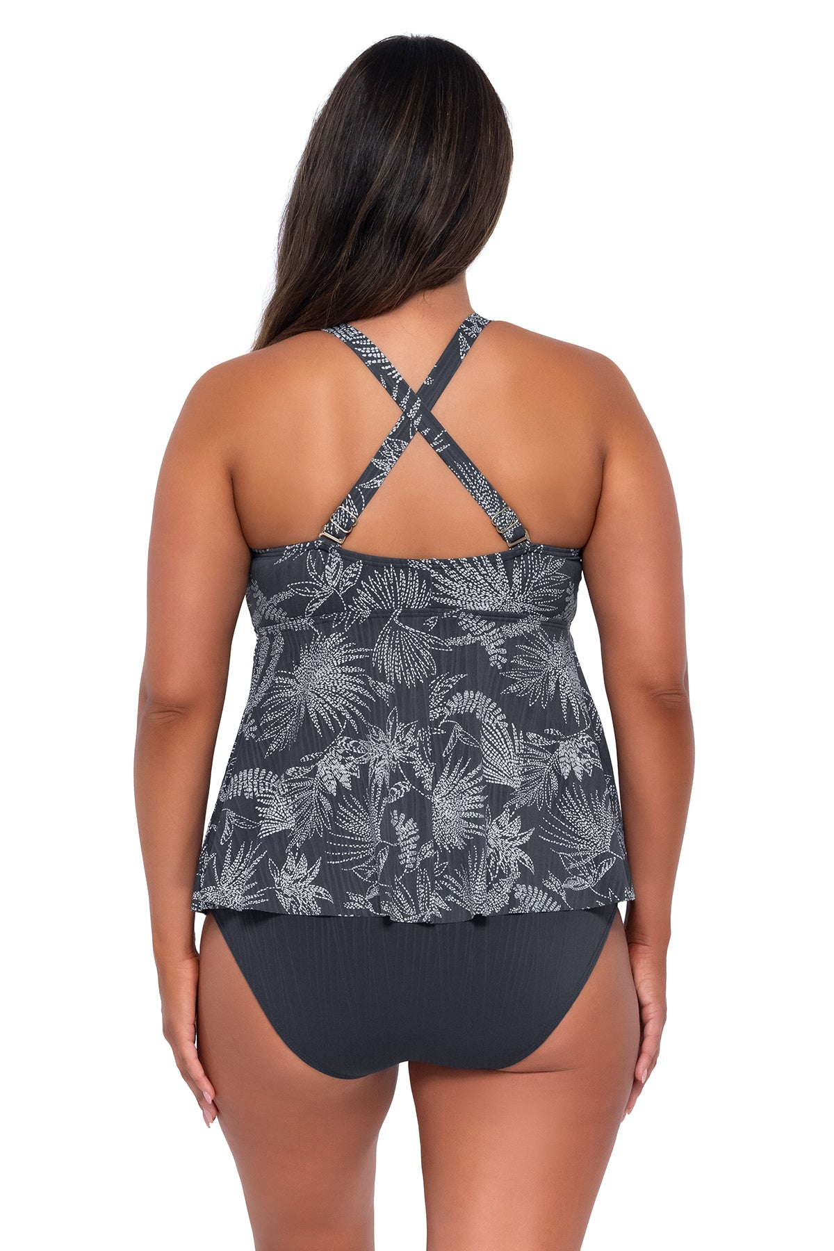 Back pose #1 of Nicky wearing Sunsets Escape Fanfare Seagrass Texture Marin Tankini Top showing crossback straps with matching Hannah High Waist bikini bottom