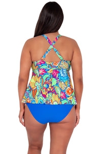 pose #1 of Nicki wearing Sunsets Escape Fiji Sandbar Rib Marin Tankini Top showing crossback straps paired with Hannah High Waist in Electric Blue