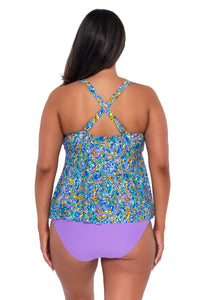 Back pose #1 of Nicky wearing Sunsets Escape Pansy Fields Marin Tankini Top showing crossback straps with matching Hannah High Waist bikini bottom