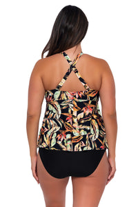 Back pose #1 of Nicky wearing Sunsets Escape Retro Retreat Marin Tankini Top showing crossback straps with matching Hannah High Waist bikini bottom