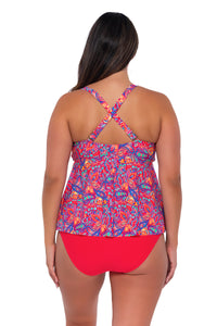 Back pose #1 of Nicky wearing Sunsets Escape Rue Paisley Marin Tankini Top showing crossback straps with matching Hannah High Waist bikini bottom
