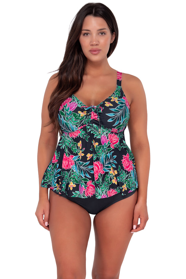 Front pose #1 of Nicki wearing Sunsets Escape Twilight Blooms Marin Tankini Top