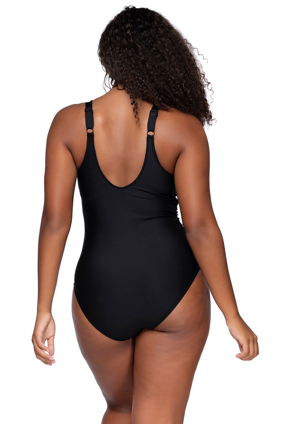 Back view of Sunsets Escape Black Amira One Piece