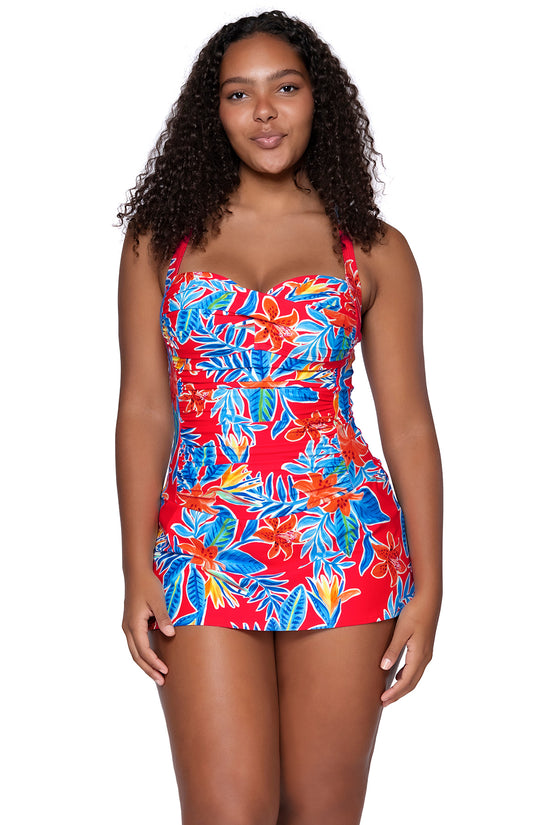 Front view of Sunsets Escape Tiger Lily Sienna Swim Dress