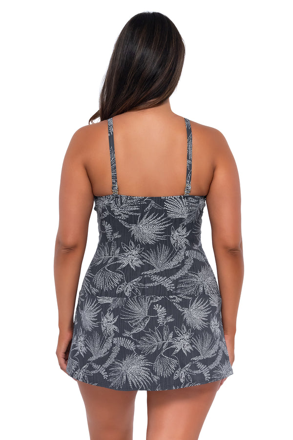 Back pose #1 of Nicky wearing Sunsets Escape Fanfare Seagrass Texture Sienna Swim Dress