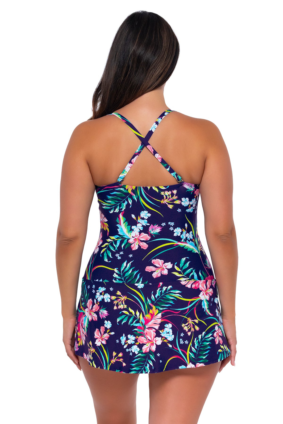 Back pose #1 of Nicky wearing Sunsets Escape Island Getaway Sienna Swim Dress showing crossback straps