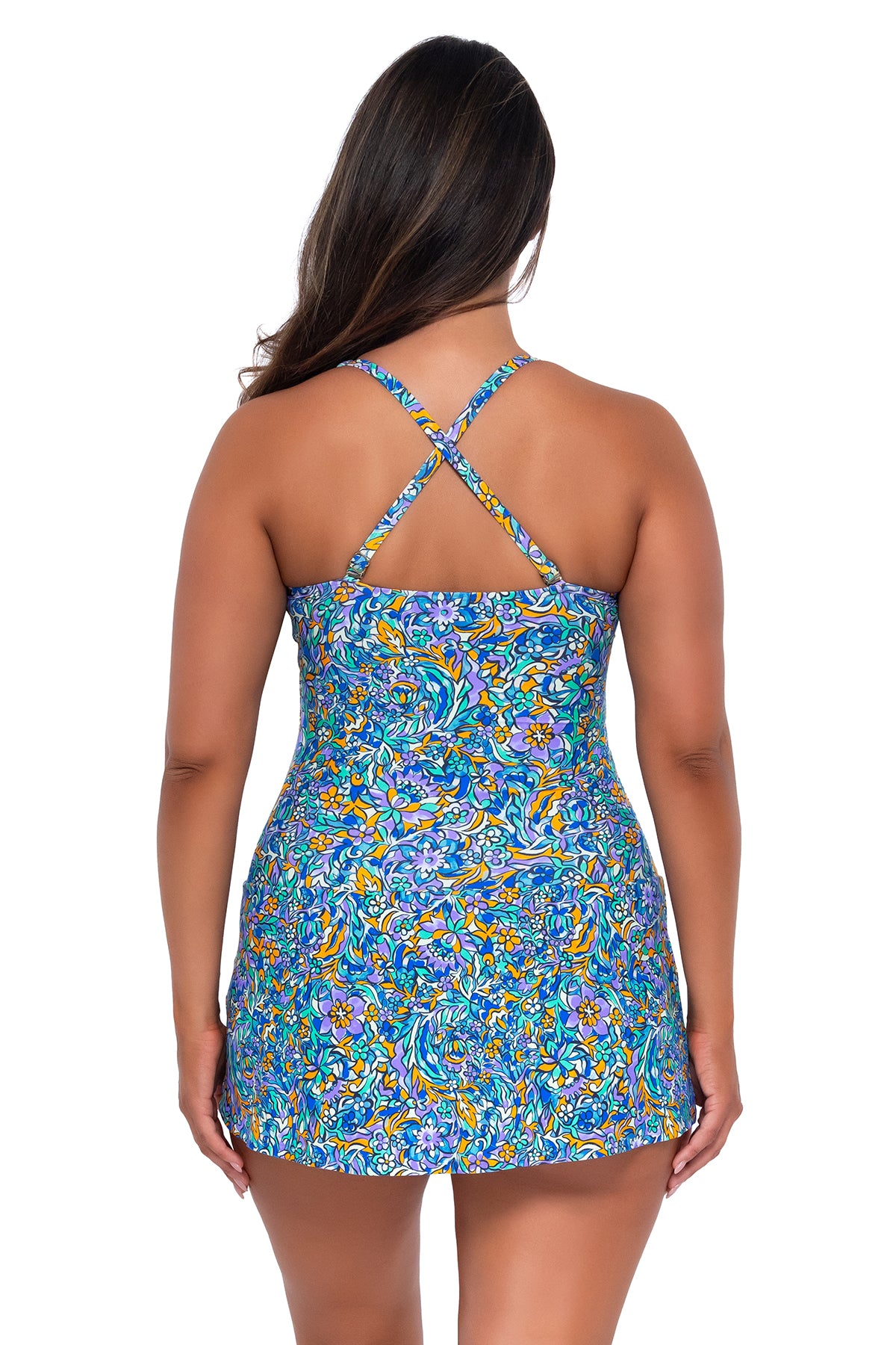 Back pose #1 of Nicky wearing Sunsets Escape Pansy Fields Sienna Swim Dress showing crossback straps