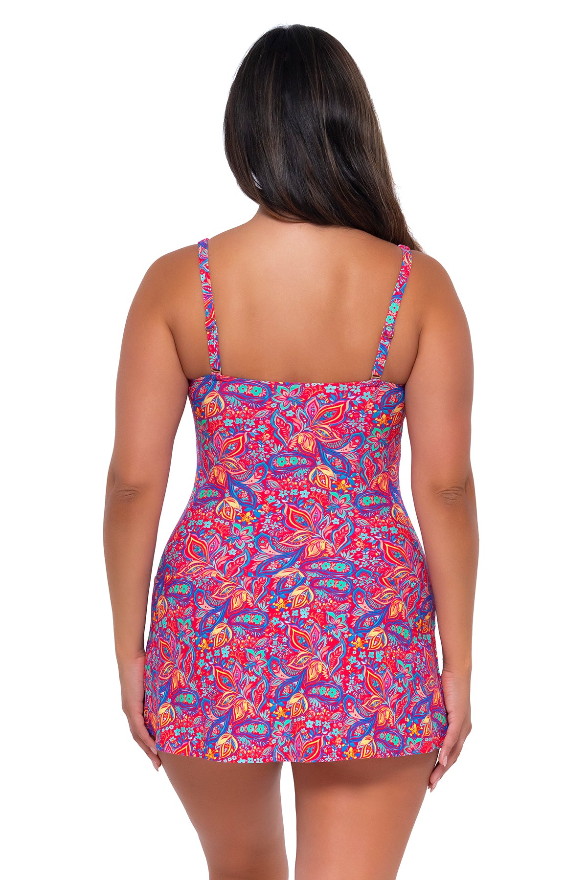 Back pose #1 of Nicky wearing Sunsets Escape Rue Paisley Sienna Swim Dress