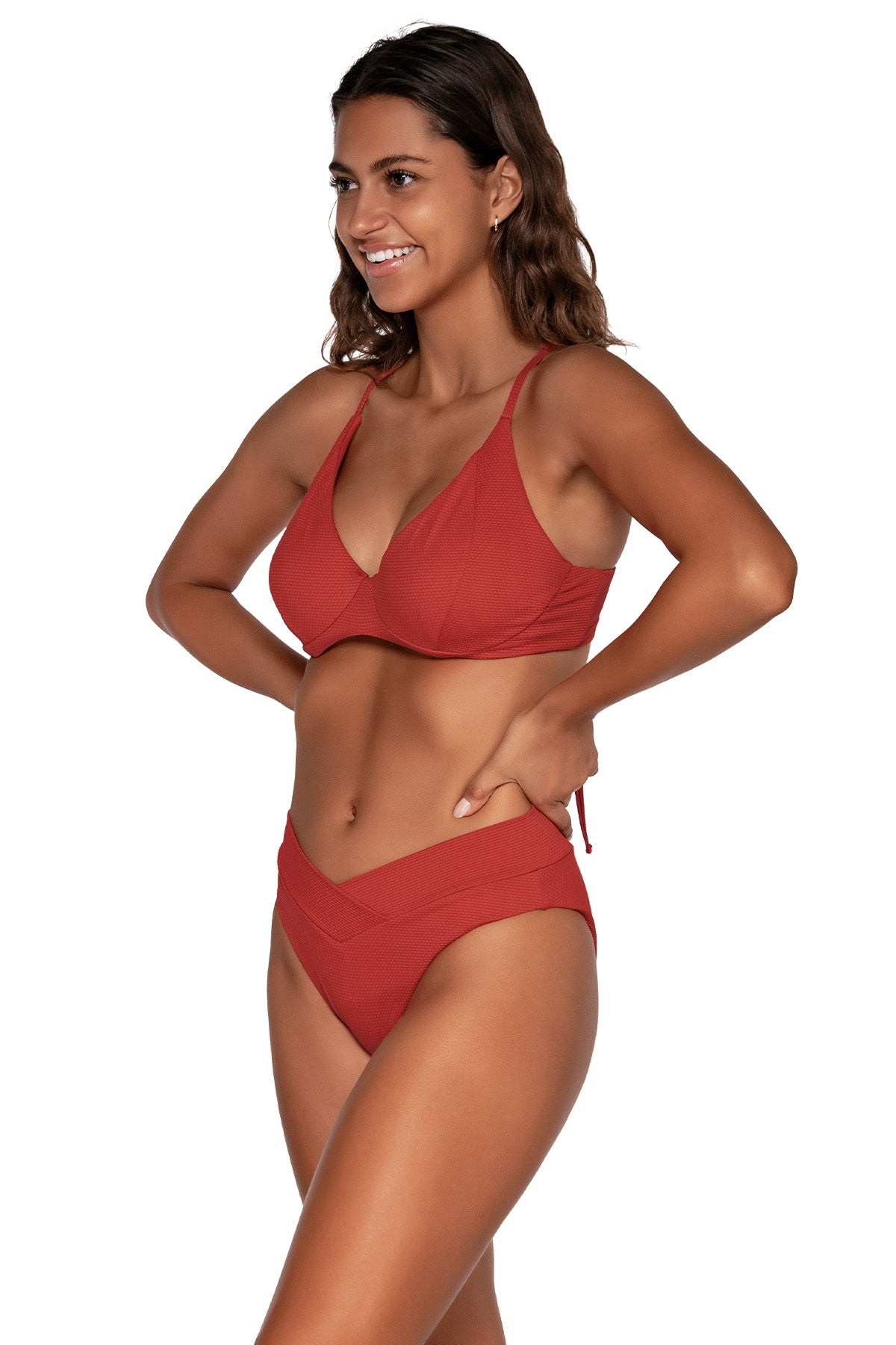 Side view of Swim Systems Cayenne Maya Underwire Top with matching Delfina V Front bikini bottom