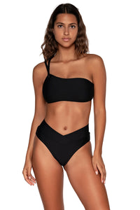 Front view of Swim Systems Black Reese One Shoulder Top with matching Delfina V Front bikini bottom