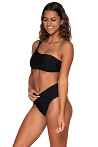 Side view of Swim Systems Black Reese One Shoulder Top with matching Delfina V Front bikini bottom