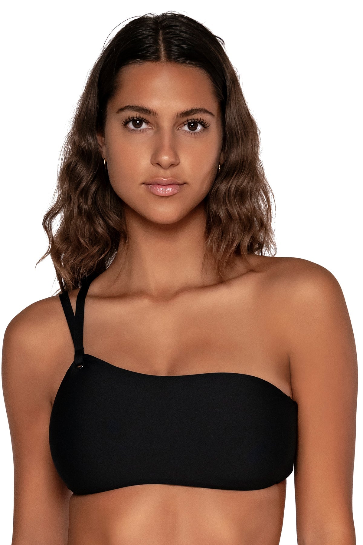 Front view of Swim Systems Black Reese One Shoulder Top