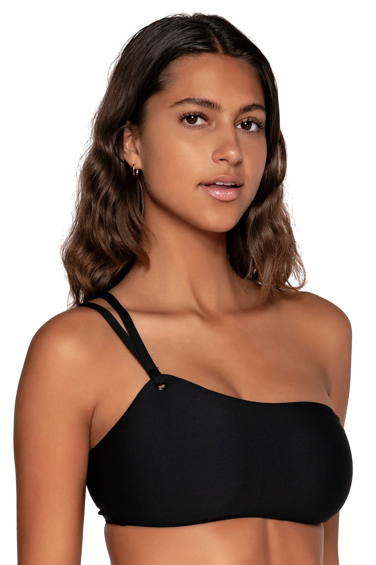 Side view of Swim Systems Black Reese One Shoulder Top