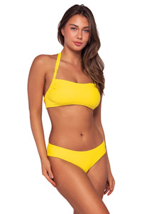 Side view of Swim Systems Daffodil Hanalei Halter Top with matching Hazel Hipster Bikini bottom