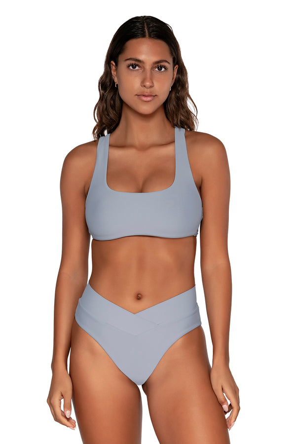 Front view of Swim Systems Monterey Rylee Racerback Top with matching Delfina V Front bikini bottom