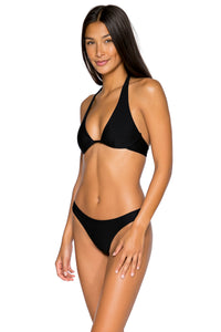 Side view of B Swim Black Out Hailey Halter Top with matching Havana bikini bottom
