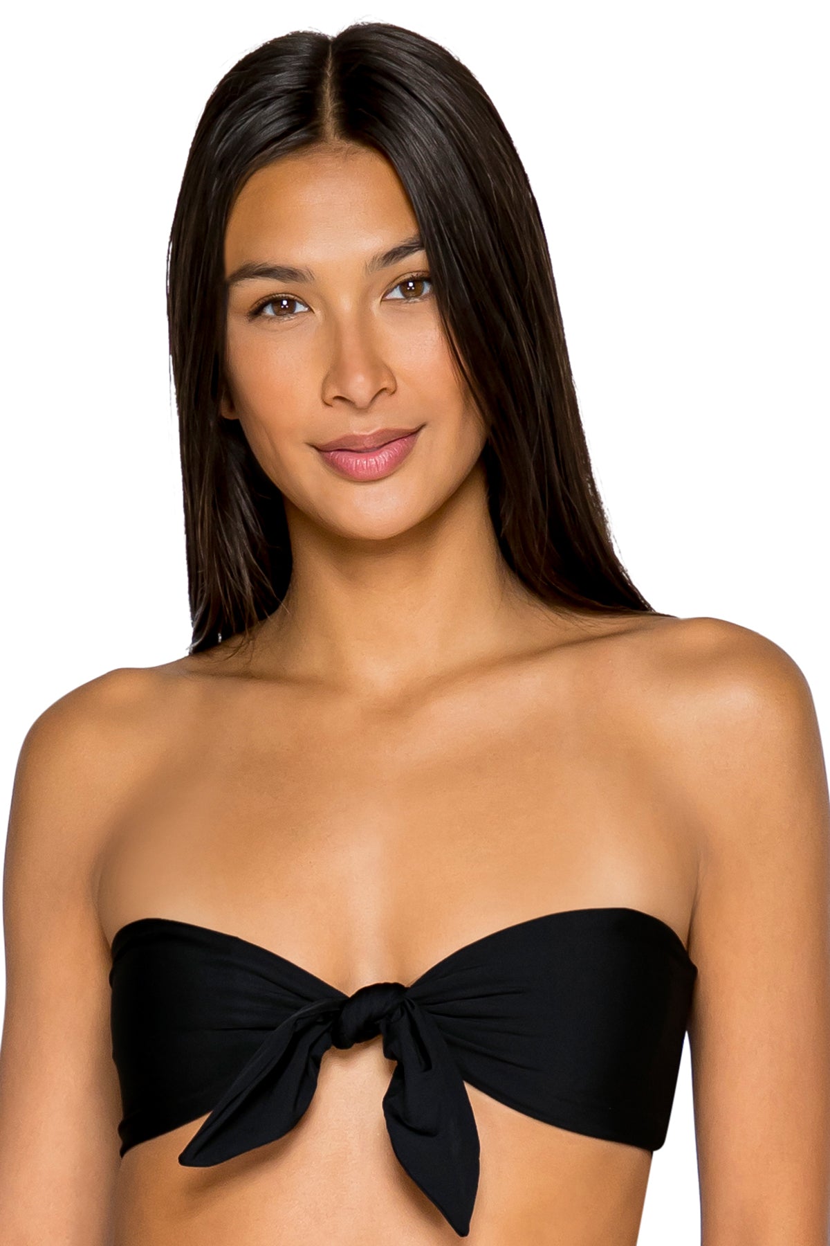 Front view of B Swim Black Out Calypso Top worn as a strapless front-tie bikini