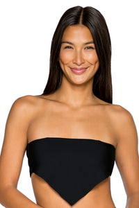 Front view of B Swim Black Out Calypso Top worn as a strapless bandeau bikini