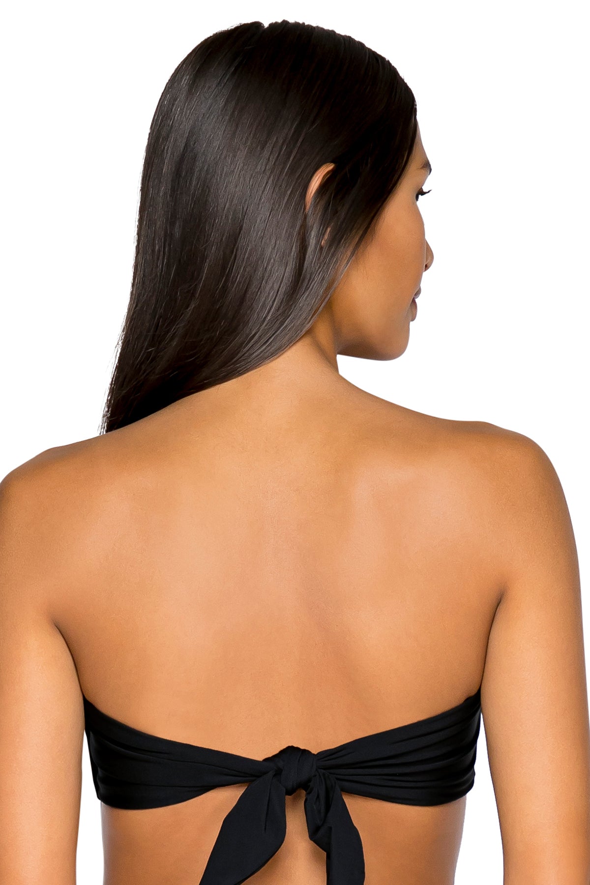 Back view of B Swim Black Out Calypso Top worn as a strapless bandeau bikini, showing back tie