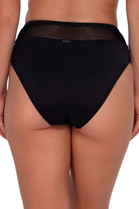 Back pose #1 of Taylor wearing Sunsets Black Seagrass Texture Annie High Waist Bottom