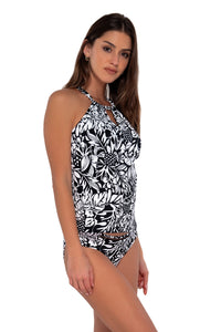 Side pose #1 of Gigi wearing Sunsets Caribbean Seagrass Texture Mia Tankini Top with matching Audra Hipster bikini bottom