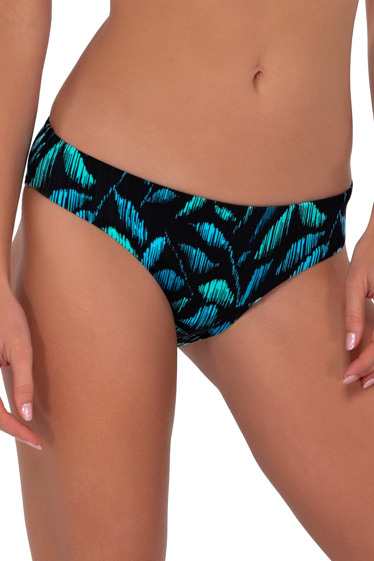 Side pose #1 of Gigi wearing Sunsets Cascade Seagrass Texture Collins Hipster Bottom