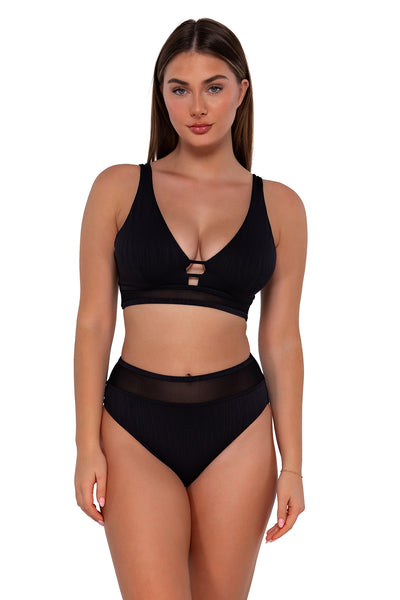 Front pose #1 of Taylor wearing Sunsets Black Seagrass Texture Danica Top with matching Annie High Waist bikini