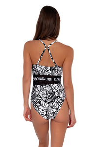 Back pose #1 of Gigi wearing Sunsets Caribbean Seagrass Texture Alexia One Piece showing crossback straps