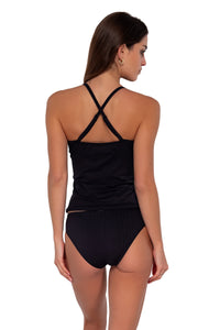Back pose #2 of Gigi wearing Sunsets Black Seagrass Texture Simone Tankini Top showing crossback straps with matching Collins Hipster bikini bottom