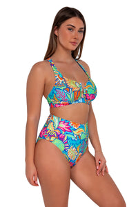 Side pose #1 of Taylor wearing Sunsets Fiji Sandbar Rib Vienna V-Wire Top with matching Hannah High Waist bikini bottom