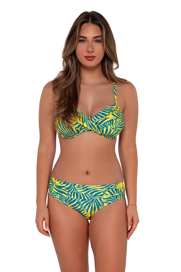 Front pose #1 of Taylor wearing Sunsets Cabana Crossroads Underwire Top with matching Unforgettable Bottom swim hipster