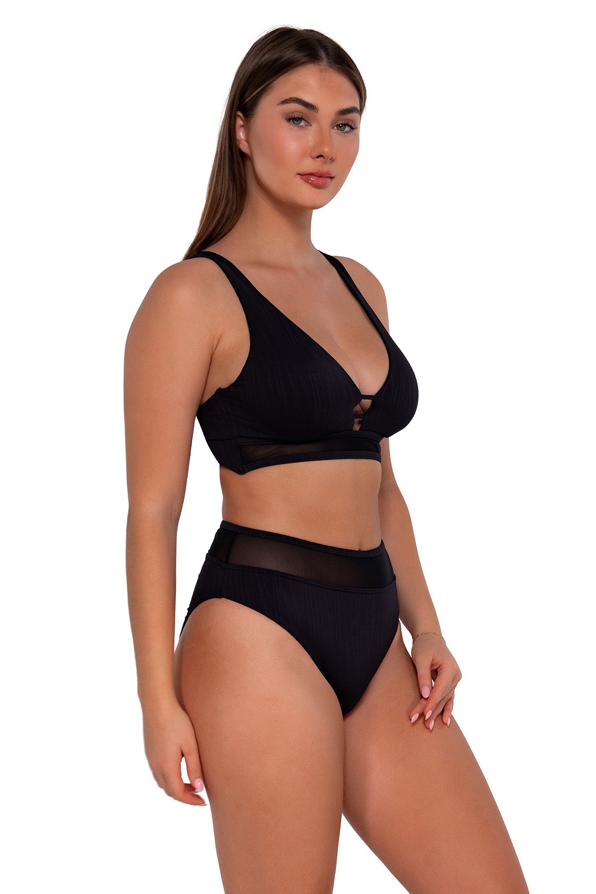 Side pose #1 of Taylor wearing Sunsets Black Seagrass Texture Annie High Waist Bottom with matching Danica underwire bikini top