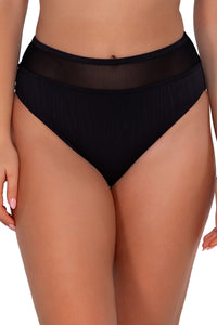 Back pose #1 of Taylor wearing Sunsets Black Seagrass Texture Annie High Waist Bottom