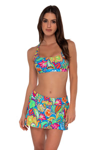 Front pose #1 of Gigi wearing Sunsets Fiji Sandbar Rib Sporty Swim Skirt with matching Brandi Bralette bikini top