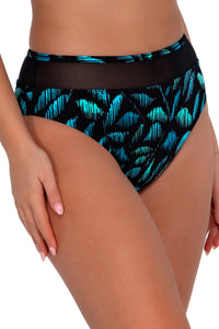 Side pose #1 of Taylor wearing Sunsets Cascade Seagrass Texture Annie High Waist Bottom