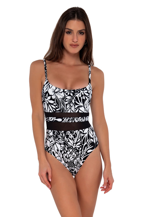 Front pose #1 of Gigi wearing Sunsets Caribbean Seagrass Texture Alexia One Piece