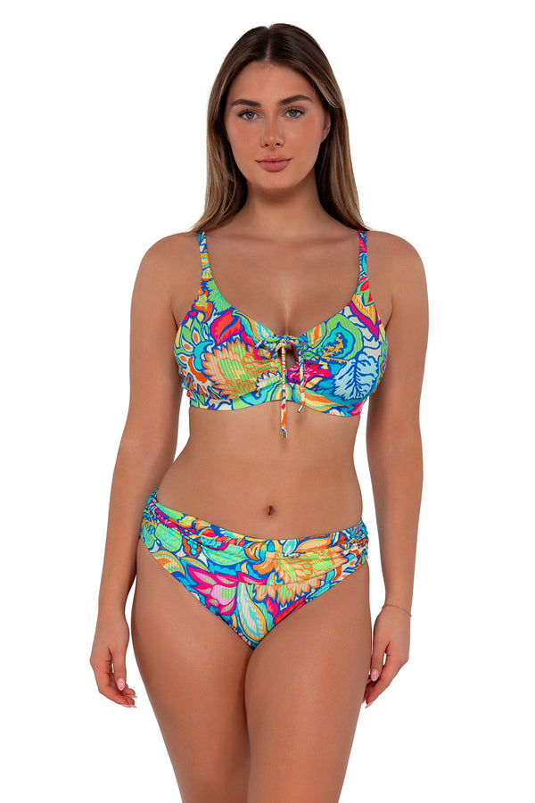 Front pose #1 of Taylor wearing Sunsets Fiji Sandbar Rib Kauai Keyhole Top with matching Unforgettable Bottom swim hipster