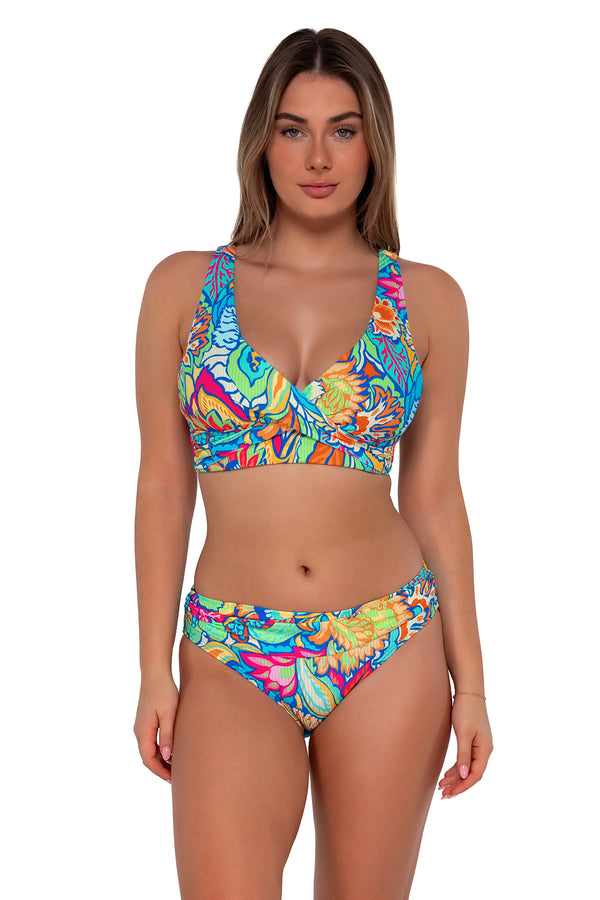 Front pose #1 of Taylor wearing Sunsets Fiji Sandbar Rib Elsie Top with matching Unforgettable Bottom swim hipster
