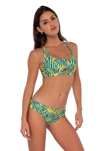 Side pose #1 of Gigi wearing Sunsets Cabana Brandi Bralette Top with matching Audra Hipster bikini bottom