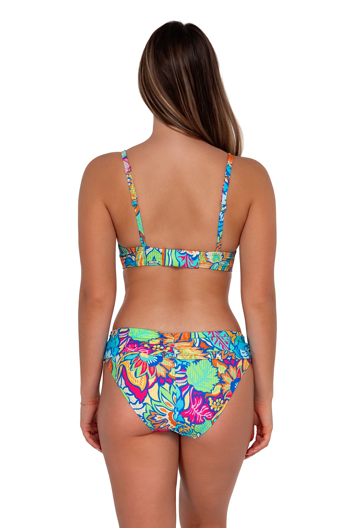 Back pose #1 of Taylor wearing Sunsets Fiji Sandbar Rib Kauai Keyhole Top with matching Unforgettable Bottom swim hipster