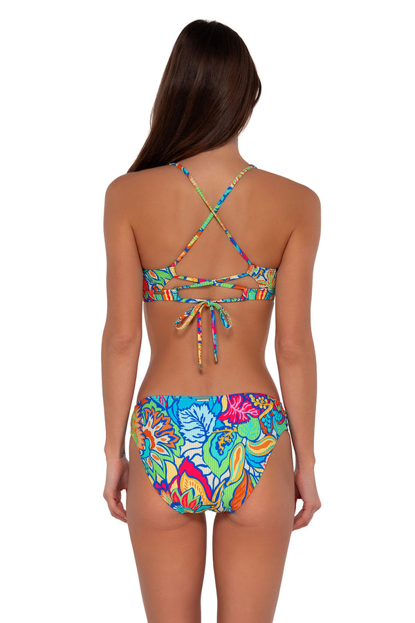 Back pose #1 of Gigi wearing Sunsets Fiji Sandbar Rib Audra Hipster Bottom with matching Brandi Bralette bikini top