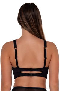 Back pose #1 of Taylor wearing Sunsets Black Seagrass Texture Danica Top