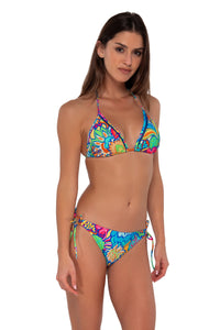 Side pose #1 of Gigi wearing Sunsets Fiji Sandbar Rib Laney Triangle Top with matching Everlee Tie Side bikini bottom